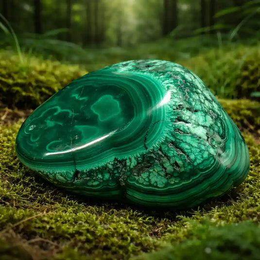 Pierre de Malachite de République Démocratique du Congo sur tapis de mousse fraîche et forêt en arrière-plan lithothérapie transformation guérison