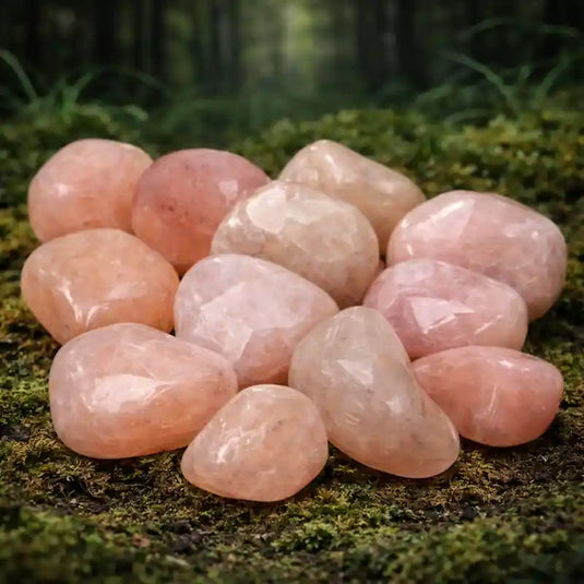 Pierre de Morganite du Brésil sur tapis de mousse fraîche et forêt en arrière-plan lithothérapie amour inconditionnel tendresse divine chakra cœur