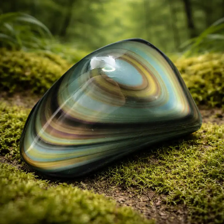 Pierre d'Obsidienne Œil Céleste du Mexique sur tapis de mousse fraîche et forêt en arrière-plan lithothérapie protection divine vérité spirituelle bouclier