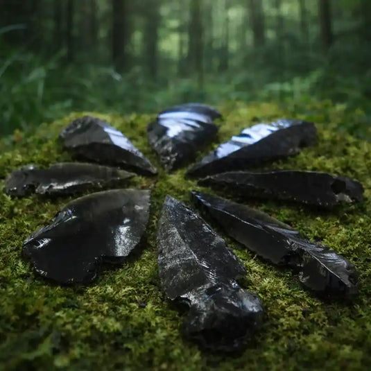 Pointes de flèches en Obsidienne Noire du Mexique sur tapis de mousse fraîche et forêt en arrière-plan lithothérapie protection spirituelle transformation
