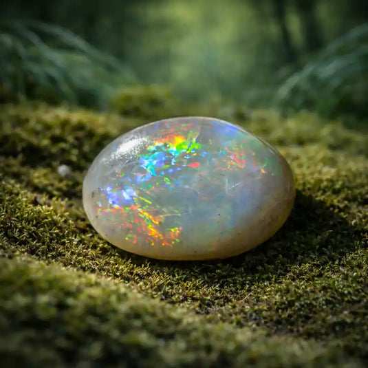 Pierre d'Opale Blanche d'Australie sur tapis de mousse fraîche et forêt en arrière-plan lithothérapie pureté lumineuse clarté spirituelle innocence