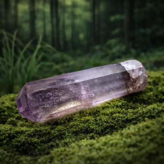 Pierre Phénacite Rose du Brésil sur tapis de mousse fraîche et forêt en arrière-plan lithothérapie laser émotionnel amour divin alchimie blessures âme