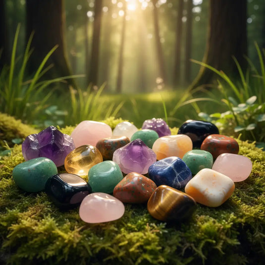 Plusieurs variétés de pierres roulées sur fond de nature - Collection