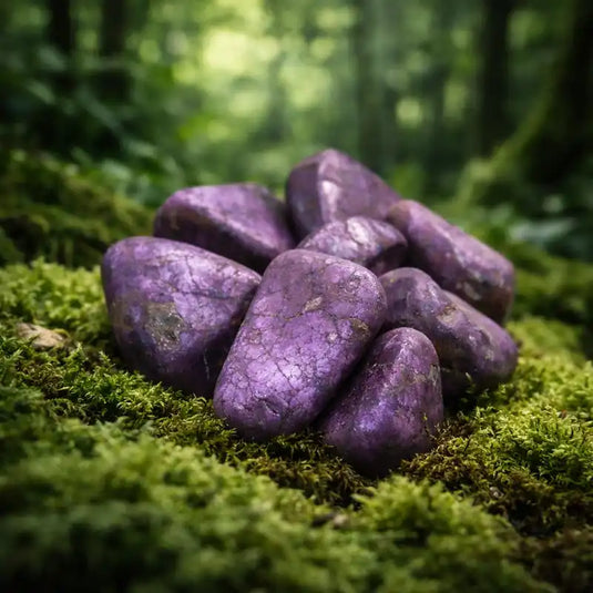 Pierre Purpurite de Namibie violette sur tapis de mousse fraîche et forêt en arrière-plan lithothérapie liberté expression ascension spirituelle
