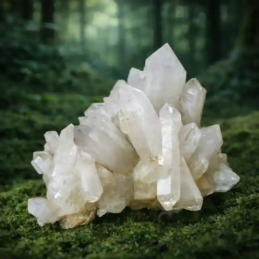Pierre Quartz Blanc Laiteux du Brésil sur tapis de mousse fraîche et forêt en arrière-plan lithothérapie douceur maternelle paix intérieure réconfort