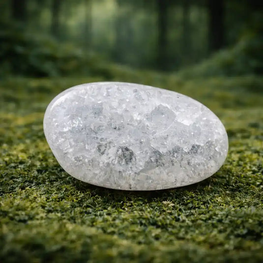 Pierre Quartz Craquelé de l'Himalaya sur tapis de mousse fraîche et forêt en arrière-plan lithothérapie prisme lumière amplificateur joie arc-en-ciel