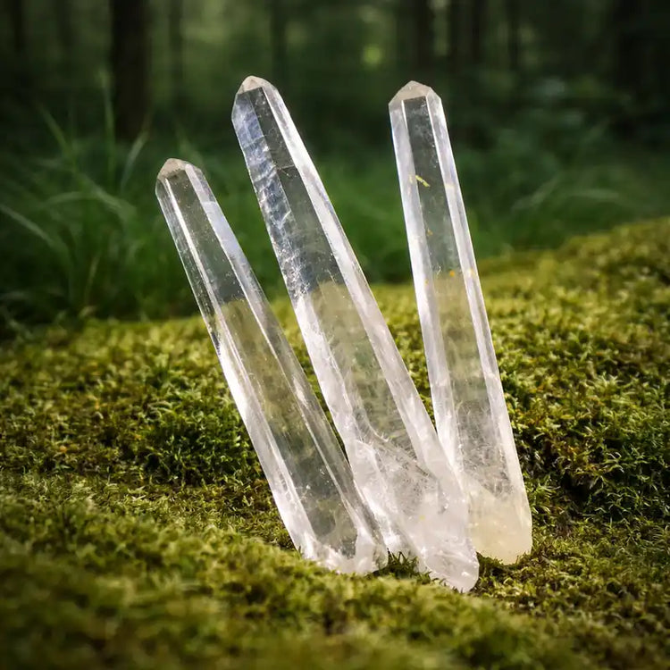 Quartz Laser du Brésil sur tapis de mousse fraîche et forêt en arrière-plan lithothérapie précision énergétique chirurgie éthérique dissolution blocages