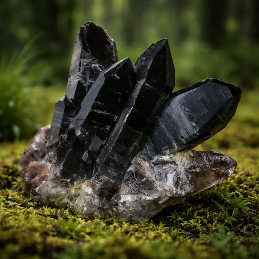 Quartz Morion du Brésil sur tapis de mousse fraîche et forêt en arrière-plan vertus lithothérapie ancrage absolu transmutation ténèbres protection chakra racine