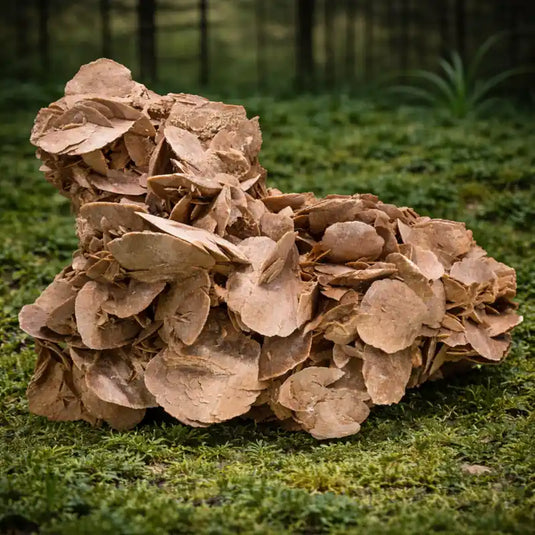 Rose des Sables du Mexique sur tapis de mousse fraîche et forêt en arrière-plan vertus lithothérapie ancrage profond patience persévérance stabilité nerveuse