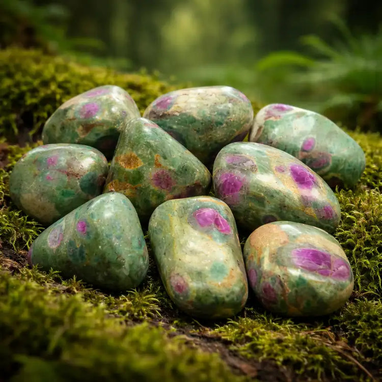 Rubis Fuchsite d'Inde sur tapis de mousse fraîche et forêt en arrière-plan vertus lithothérapie harmonie cœur-esprit vitalité consciente guérison émotionnelle