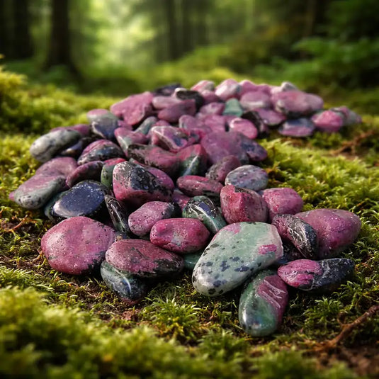 Rubis Zoïsite de Tanzanie sur tapis de mousse fraîche et forêt en arrière-plan vertus lithothérapie équilibre émotionnel réussite projets vitalité créative