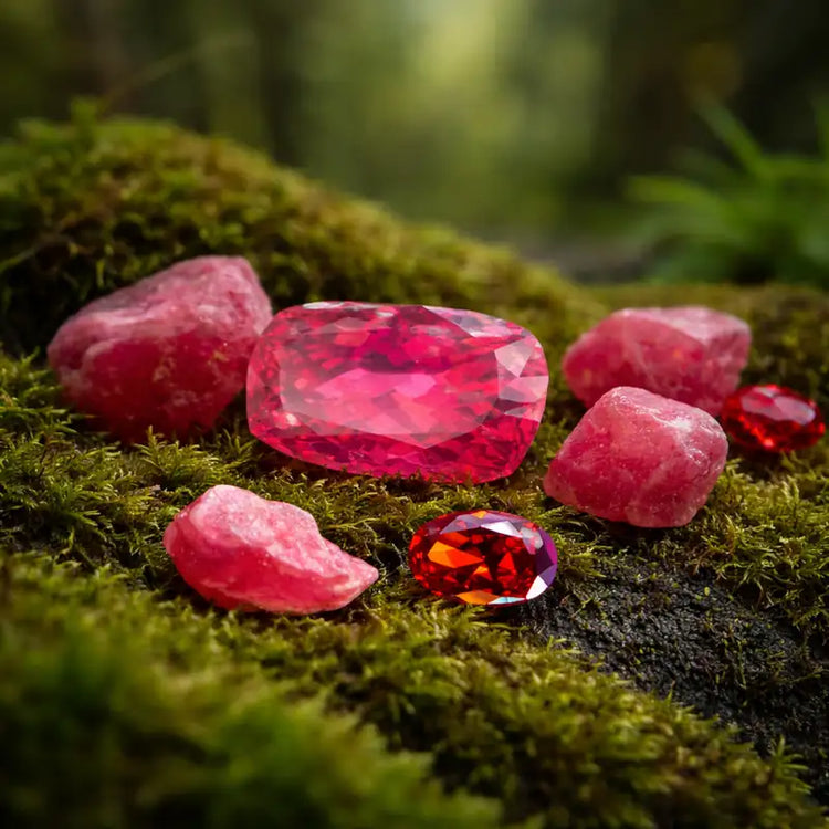 Rubis de Birmanie Vallée de Mogok sur tapis de mousse fraîche et forêt en arrière-plan vertus lithothérapie feu intérieur souveraineté courage vitalité sexuelle