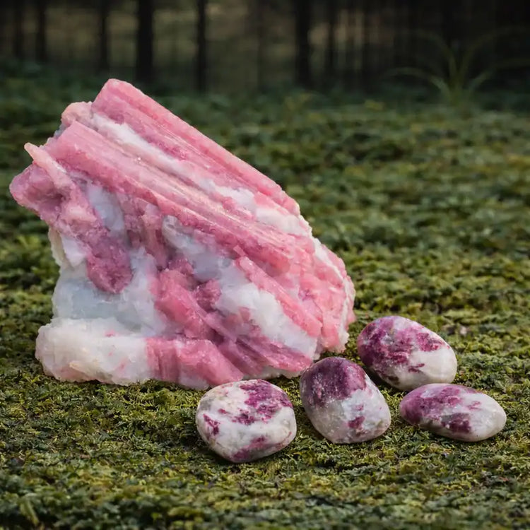 Tourmaline Rose Rubellite du Brésil sur tapis de mousse fraîche et forêt en arrière-plan vertus lithothérapie amour inconditionnel guérison cœur compassion pardon
