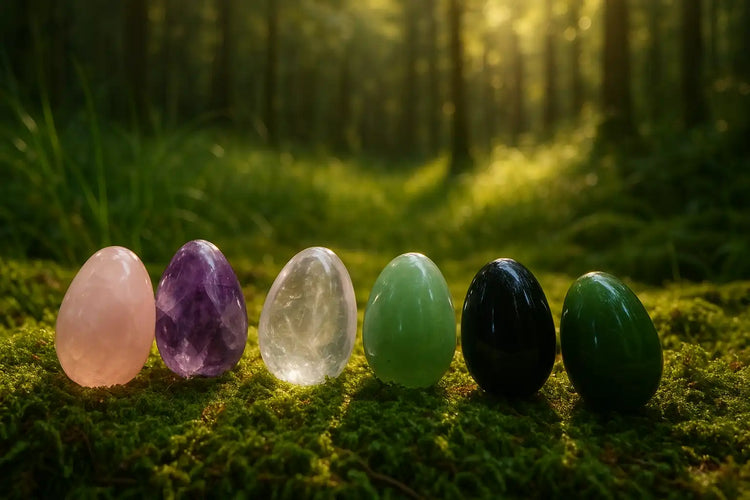 Variété d'œuf Tantra-Yoni sur fond de nature Quartz rose, Jade Néphrite, Aventurine verte, Obsidienne noire, Cristal de roche, Œil de tigre, améthyste, Jaspe rouge, Howlite- Collection