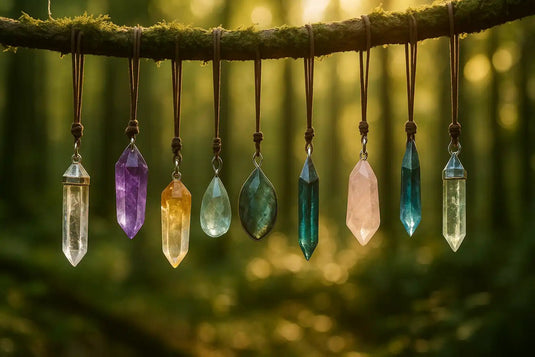 Variété de pendentifs minéraux accrochés à une branche sur fond de nature - Collection