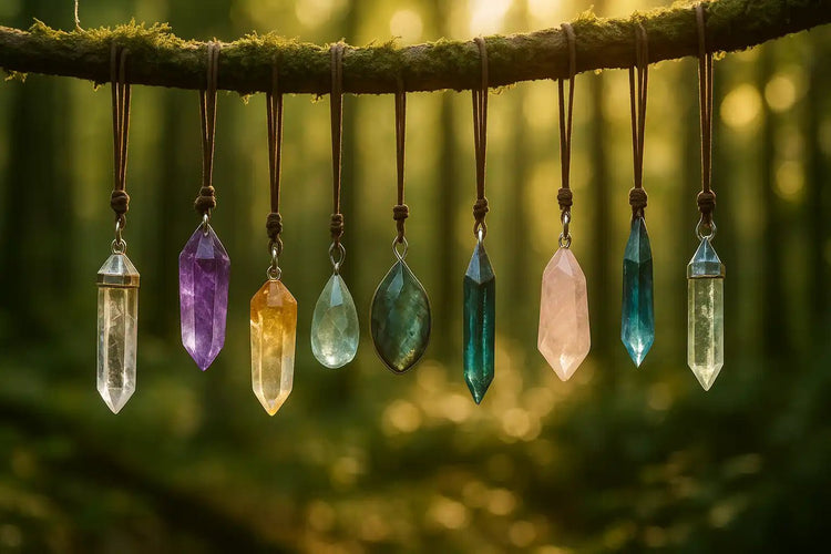 Variété de pendentifs minéraux accrochés à une branche sur fond de nature - Collection