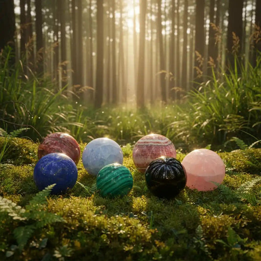 Variété de sphères minérales sur fond de nature - Collection