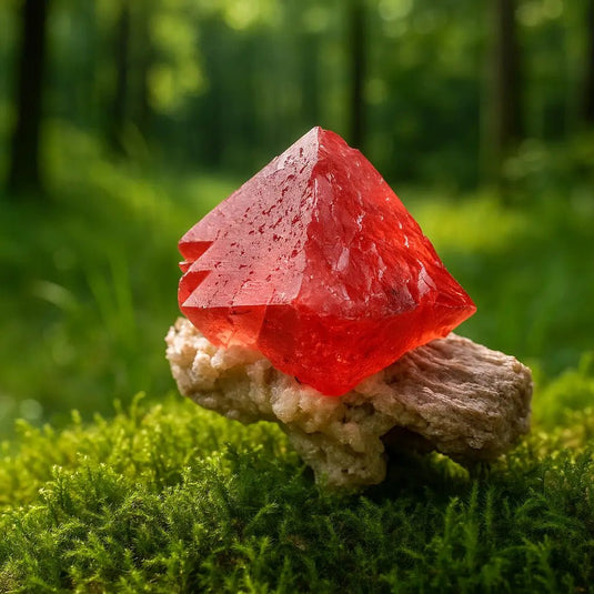 Pyramide de cristal rouge sur rocher moussu, fluorite rose du Mont-Blanc.