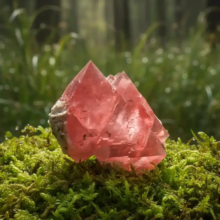 Pyramide de cristal rouge sur rocher moussu, fluorite rose du Mont-Blanc.