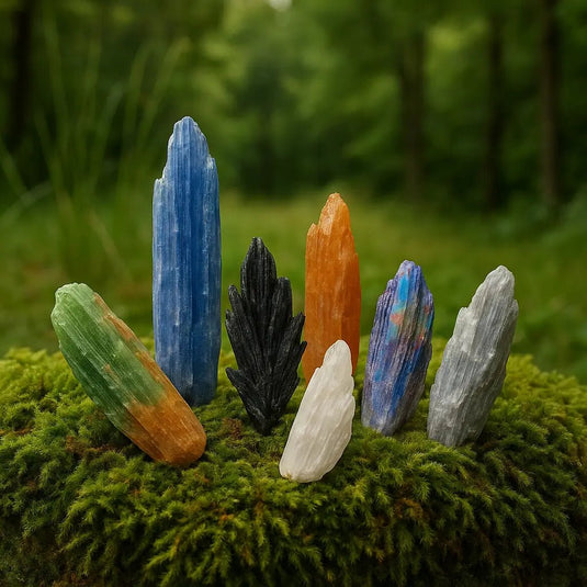 Ensemble de cristaux de kyanite multicolores sur mousse