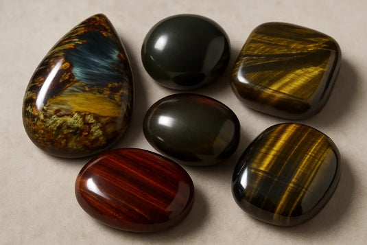 Collection de pierres œil de tigre d’Afrique du Sud aux tons orange et brun vibrants, fini brillant.