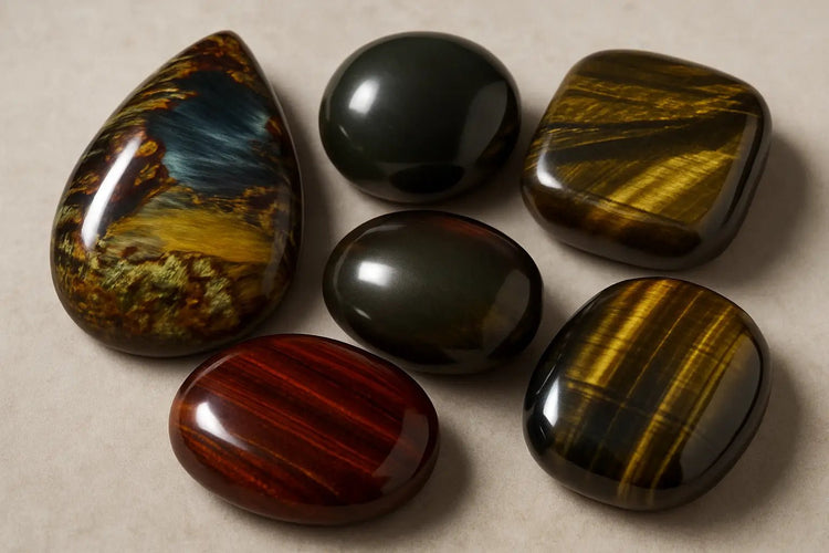 Collection de pierres œil de tigre d’Afrique du Sud aux tons orange et brun vibrants, fini brillant.