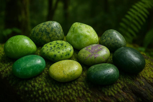 Œufs de pierre verts et jaunes tachetés sur mousse, collection La grande famille des serpentines
