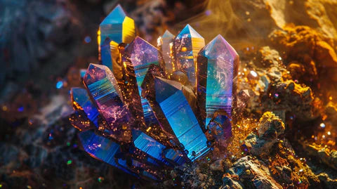 Groupe de cristaux de quartz titane aura bleu et violet du Brésil dans la collection Quartz Titane Aura du Brésil