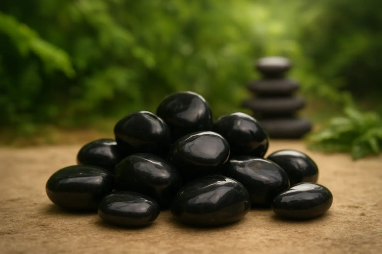 Tas de pierres roulées noires polies de la collection Shungite de Carélie Russie