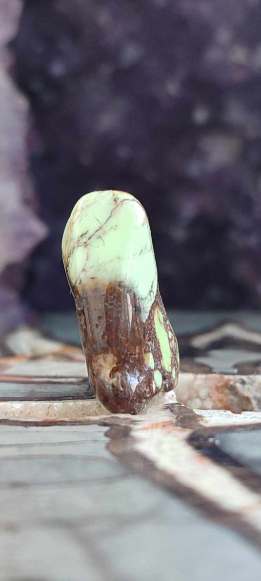 Chrysoprase citron d'Australie sur gangue pierre roulée Grade A++++