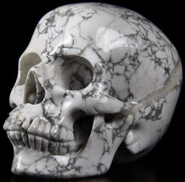 Crâne sculpté en Howlite blanche du Canada avec veinages gris caractéristiques - Sculpture de lithothérapie pour calme mental et méditation