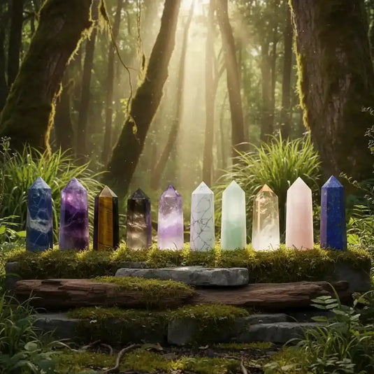 Diverses variétés de colonnes en cristal de toutes sortes et couleurs, sur tapis de mousse fraiche et forêt luxuriante en arrière plan