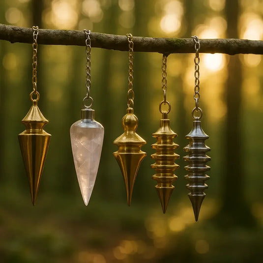 Divers pendules pour la radiesthésie en minéral ou métal, accrochés à une branche d'arbre avec forêt en arrière plan