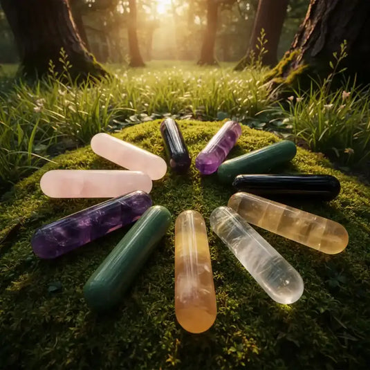 Diverses pointes de massage en améthyste, aventurine verte, cristal de roche, citrine, quartz rose, obsidienne noire sur tapis de mousse fraiche et forêt en arrière plan
