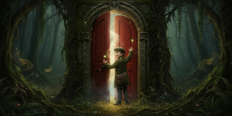 Petit Poucet poussant une vielle porte rouge aux contours très ouvragés laissant entrevoir derrière, tout un monde de magie et de féérie