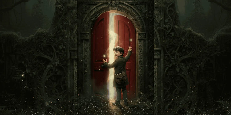 Petit Poucet poussant une vielle porte rouge aux contours très ouvragés laissant entrevoir derrière, tout un monde de magie et de féérie