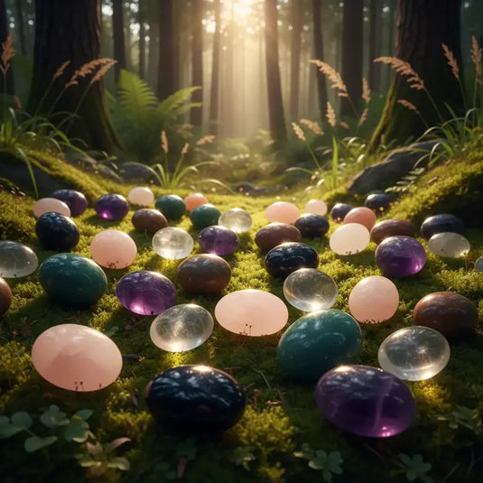 Plusieurs variétés de galets minéraux de toutes sortes et couleurs sur tapis de mousse fraiche dans une luxuriante forêt