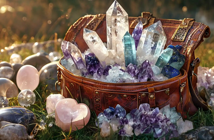 Une vieille besace en cuir marron rustique posée au sol et débordant de sublimes cristaux étincelants de toutes sortes et de toutes couleurs