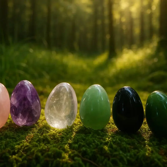 Variété d'œufs Tantra Yoni pour utilisation en lithothérapie, posés sur tapis de mousse fraiche et forêt en arrière plan 