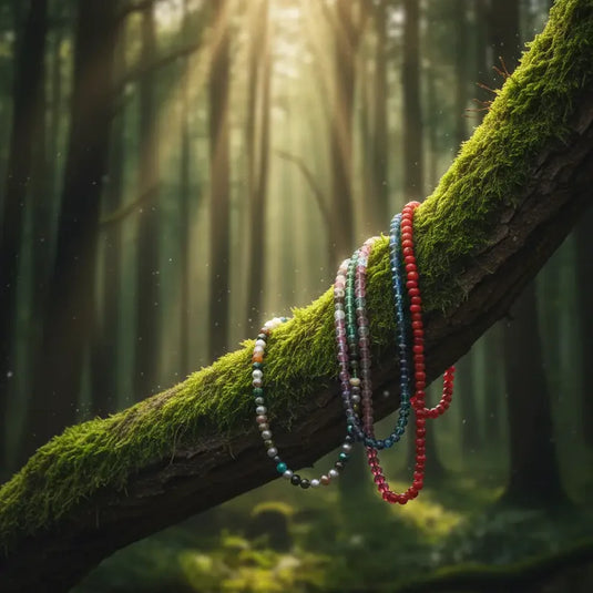 Variétés de colliers sur branche d'arbre avec forêt en arrière plan