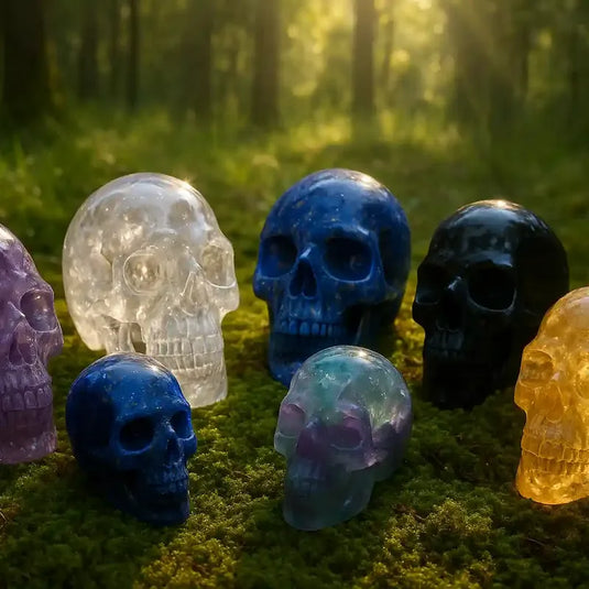 Divers crânes de cristaux sur tapis de mousse fraiche et forêt en arrière plan - Usage pour lithothérapie, méditation, reconnexion