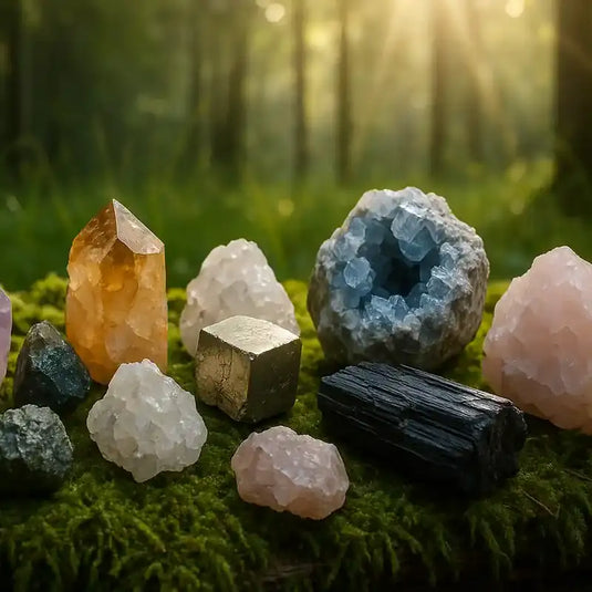 Variétés de cristaux bruts (Tourmaline, Citrine, Célestine, Pyrite etc) sur tapis de mousse fraiche et forêt en arrière plan