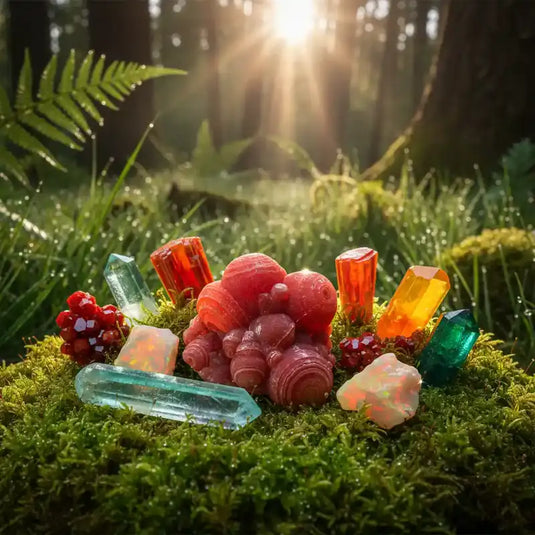 Divers cristaux de collection sur tapis de mousse fraiche et forêt en arrière plan