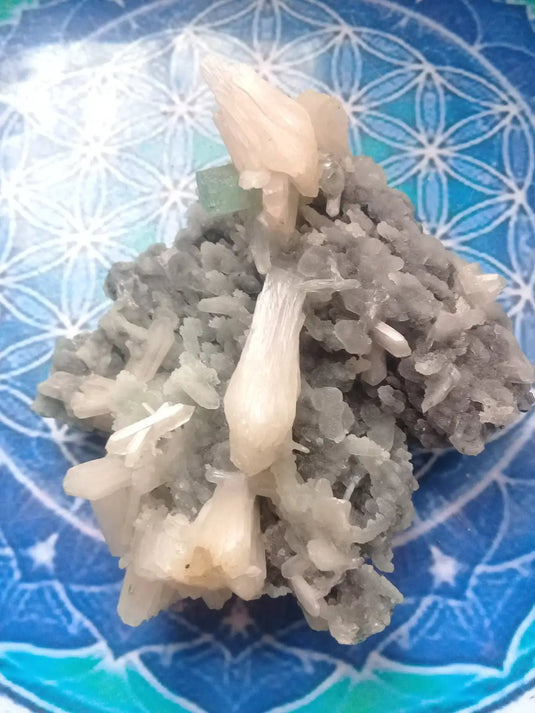 Apophyllite Verte & Stilbite/Calcédoine Grade A ++++ pièce de collection Apophyllite verte cube et Stilbite sur Calcédoine