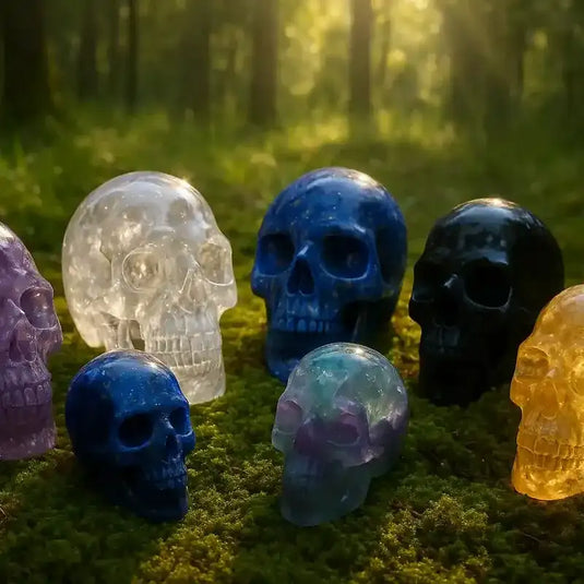 Divers crânes de cristaux sur tapis de mousse fraiche et forêt en arrière plan - Usage pour lithothérapie, méditation, reconnexion
