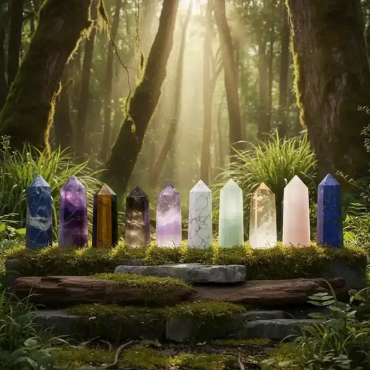 Diverses variétés de colonnes en cristal de toutes sortes et couleurs, sur tapis de mousse fraiche et forêt luxuriante en arrière plan