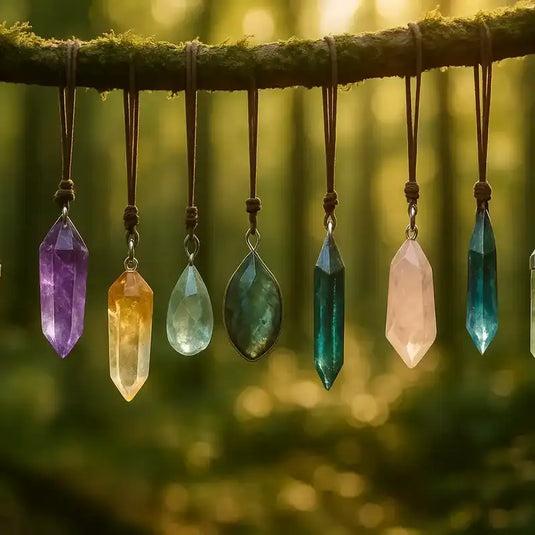 Divers pendentifs accrochés  une branche sur un fond de nature avec forêt en arrière plan