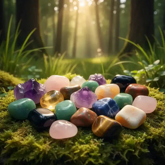 Collections de diverses pierres Roulées sur tapis de mousse fraiche et forêt luxuriante en arrière plan
