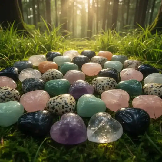 Une collection de pierres précieuses lisses et polies de diverses couleurs, incluant du rose, du vert, du violet et du quartz clair, certaines avec des taches noires.