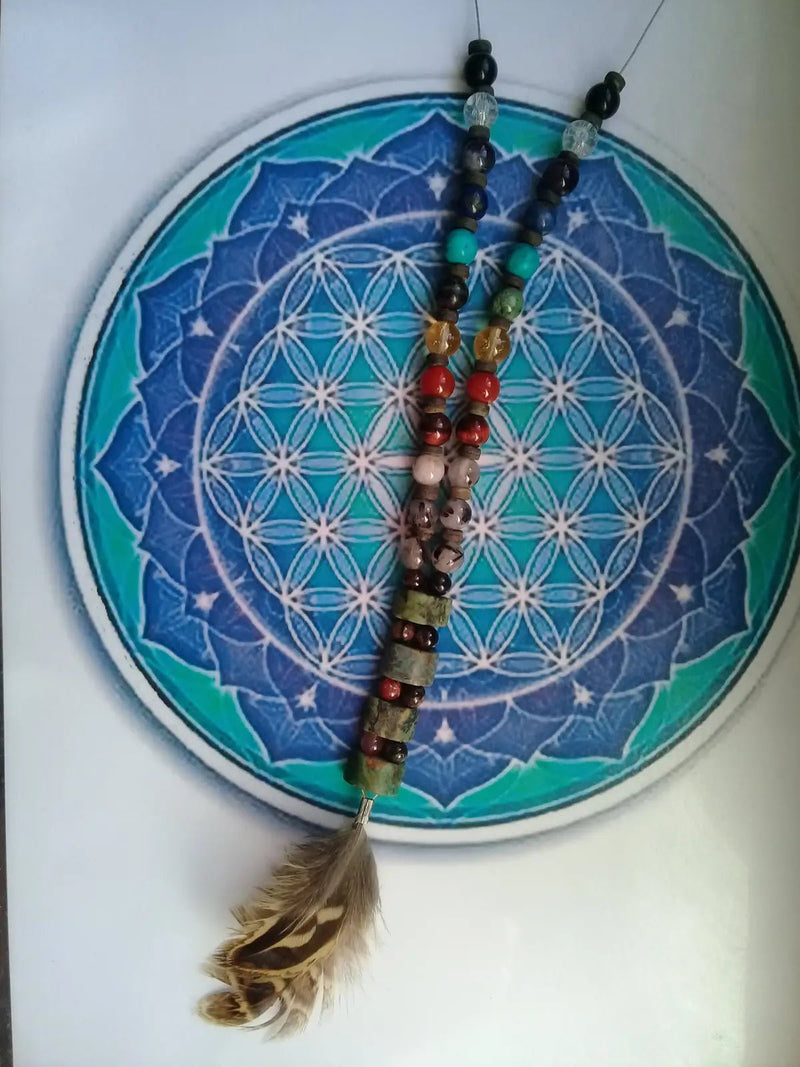 Load image into Gallery viewer, Collier ’Plumes &amp; 7 chakras’ création artisanale ’Model UNIQUE’ Collier 7 chakras
